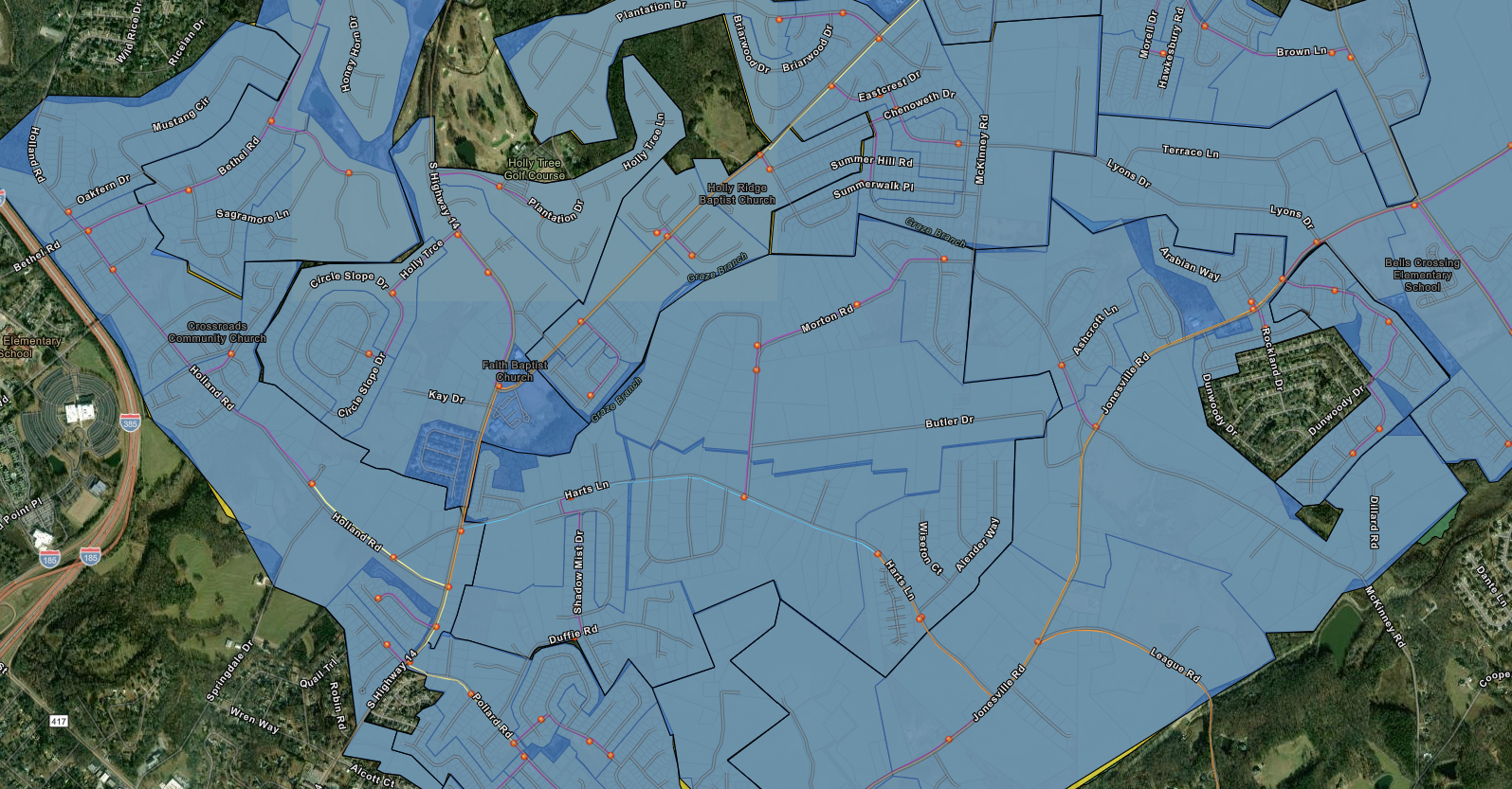 A map of the city with roads and water